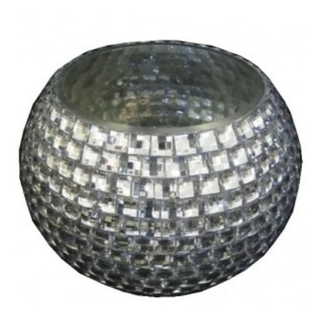 Βάζο γυάλινο επιτραπέζιο διακοσμητικό για κερί με σχέδιο ψηφιδωτού με στρας σε ασημί χρώμα διαμ.17εκ.*20εκ.