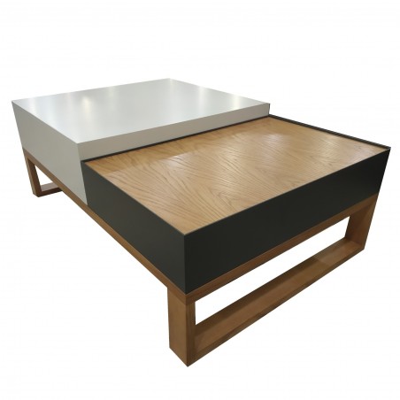 Τραπέζι σαλονιού Οριωνας με δυο επίπεδα και τρία χρώματα λευκό γκρι φυσικό με συρτάρι