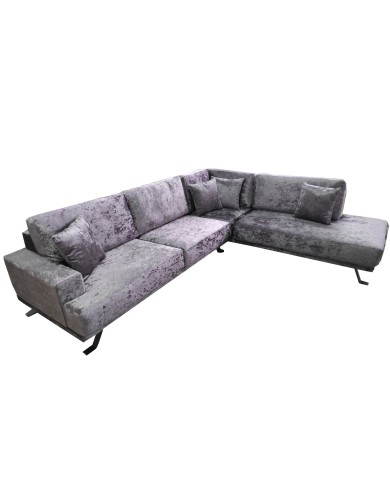 Καναπές γωνία Samantha μοβ βελούδινη 270μ*220μ με λεπτό προφίλ με δυνατότητα ανάλλαγης διαστάσεων