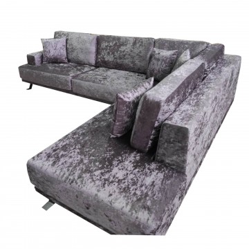 Καναπές γωνία Samantha μοβ βελούδινη 270μ*220μ με λεπτό προφίλ με δυνατότητα ανάλλαγης διαστάσεων