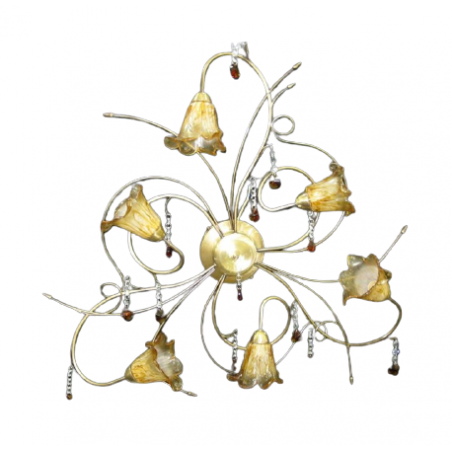 Φωτιστικό οροφής εξάφωτο Ε14 χρυσό - μπρονζέ με μελί γυαλί και κρυσταλλάκια διαμέτρου 80εκ.