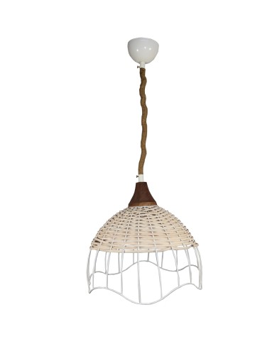 Φωτιστικό οροφής μονόφωτο ψάθινο rattan vintage baboo και με λευκό μέταλλο στην άκρη Ε27 διαστάσεων Διαμ.36*Υ35εκ.