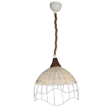 Φωτιστικό οροφής μονόφωτο ψάθινο rattan vintage baboo και με λευκό μέταλλο στην άκρη Ε27 διαστάσεων Διαμ.36*Υ35εκ.