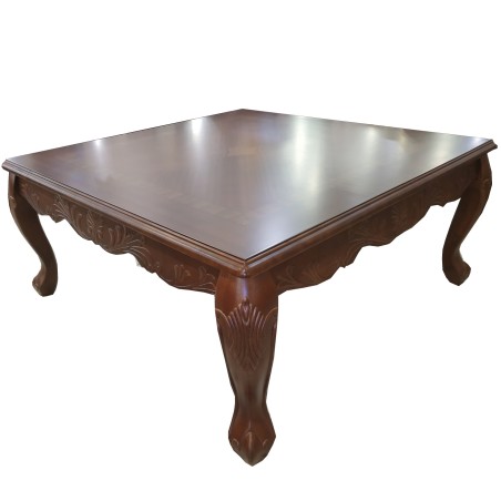 Τραπέζι σαλονιού ξύλινο καρυδί από ξύλο οξιάς με σκάλισμα στα πόδια και σχέδιο στον νταμπλά διαστάσεων 104*104*49εκ.