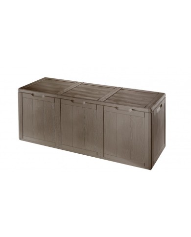 Μπαούλο πλαστικό σε cappuccino χρώμα 270 λίτρων με wood finish σχέδιο για μαξιλάρια και παιδικά παιχνίδια 118*44,5*51εκ.