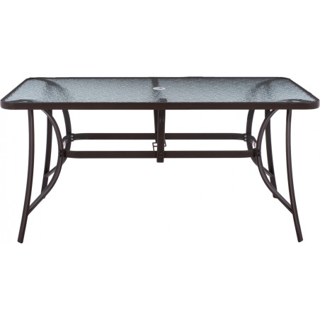 Τραπέζι εξωτερικού χώρου μεταλλικό σε χρώμα καφέ σφυρήλατο με τζάμι ασφάλειας με τρύπα για ομπρέλα 120*80*72εκ