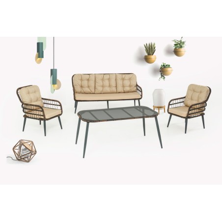 ΣΕΤ ΣΑΛΟΝΙΟΥ 4ΤΜΧ ΜΕ ΤΡΙΘΕΣΙΟ ΜΕΤΑΛΛΙΚΟ ΣΚΕΛΕΤΟ ΚΑΙ WICKER ΚΑΦΕ ΜΕ ΤΡΑΠΕΖΙ ΦΑΓΗΤΟΥ 140x70x66εκ