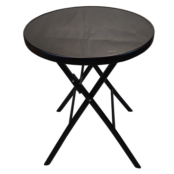Τραπέζι πτυσσόμενο στρογγυλό μαύρο μεταλλικό σκελετό και μαύρο τζάμι ασφάλειας εξωτερικού χώρου Φ60x70cm