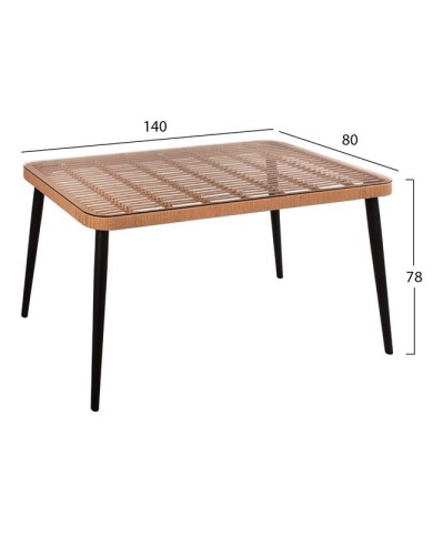 ΤΡΑΠΕΖΙ ΜΕΤΑΛΛΙΚΟ ALLEGRA HM5537 ΜΕ WICKER ΣΕ ΜΠΕΖ ΑΠΟΧΡΩΣΗ & ΓΥΑΛΙ 140X80X78 εκ.