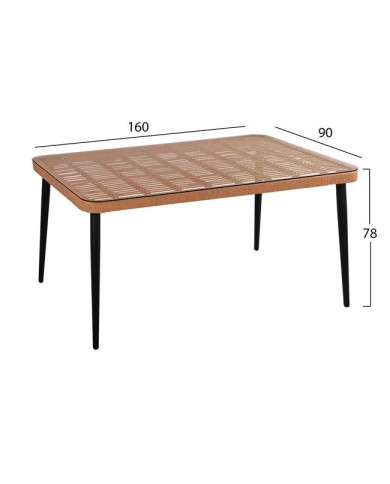 ΤΡΑΠΕΖΙ ΜΕΤΑΛΛΙΚΟ ALLEGRA HM5538 ΜΕ WICKER ΣΕ ΜΠΕΖ ΑΠΟΧΡΩΣΗ & ΓΥΑΛΙ 160X90X78 εκ.