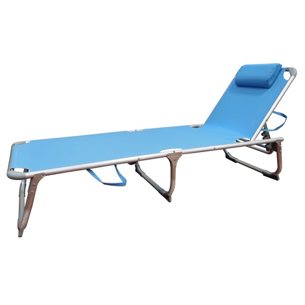 Ξαπλώστρα παραλίας πτυσσόμενη βαρέως τύπου αλουμινίου σιέλ διάτρητο με μαξιλάρι και χειρολαβές μεταφοράς 190x60x30εκ