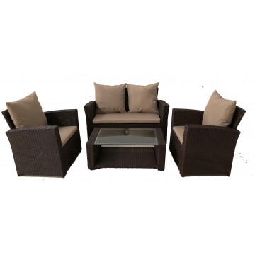 Σαλόνι ratan/wicker εξωτερικου χώρου σετ 4 τεμαχίων με διθέσιο καναπέ χρώμα καφέ