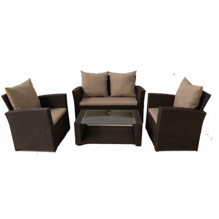 Σαλόνι  εξωτερικού χώρου σετ 4 τεμαχίων με διθέσιο καναπέ χρώμα καφέ μεταλλικό σκελετό 128εκ*68εκ*76εκ ύψος