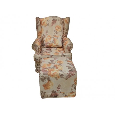 Πολυθρόνα μπρεζιέρα σαλονιού με υποπόδιο 82*85*105 ύψος σε μπεζ ύφασμα με σχέδιο λουλούδια