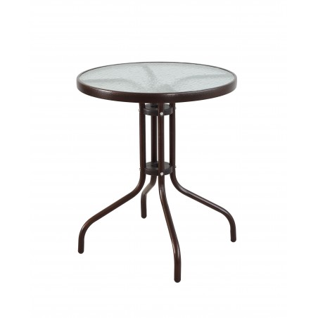 Τραπέζι στρογγυλό 60x72εκ εξωτερικού χώρου καφέ σφυρήλατο μεταλλικό με τζάμι ασφαλείας