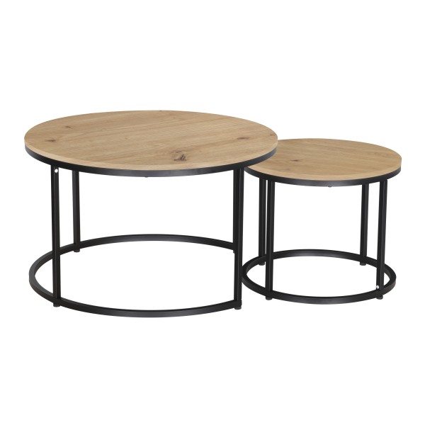Τραπέζια σαλονιού στρογγυλά σετ 2τεμ όψη ξύλου με μεταλλικό μαύρο σκελετό CJ-N2104 80x80x48εκ