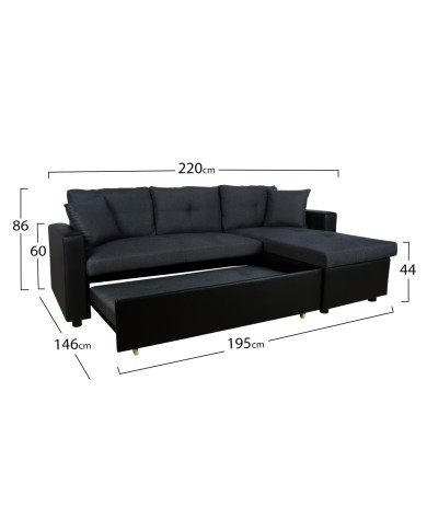 ΚΑΝΑΠΕΣ ΓΩΝΙΑ ΚΡΕΒΑΤΙ WAYNE 220x146x86Υεκ.HM3028.01 ΓΚΡΙ ΜΕ ΜΑΥΡΟ PU