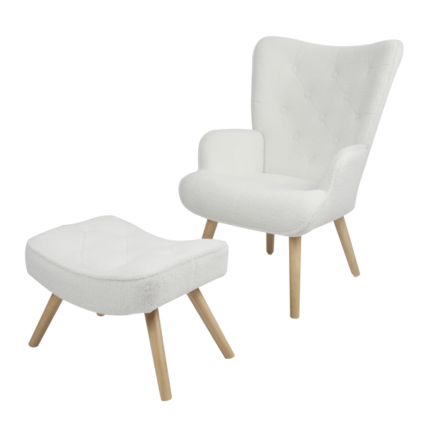 Πολυθρόνα μπερζερα λευκή με υποπόδιο teddy bear ξύλινα πόδια MR-AC030  68x76x98εκ