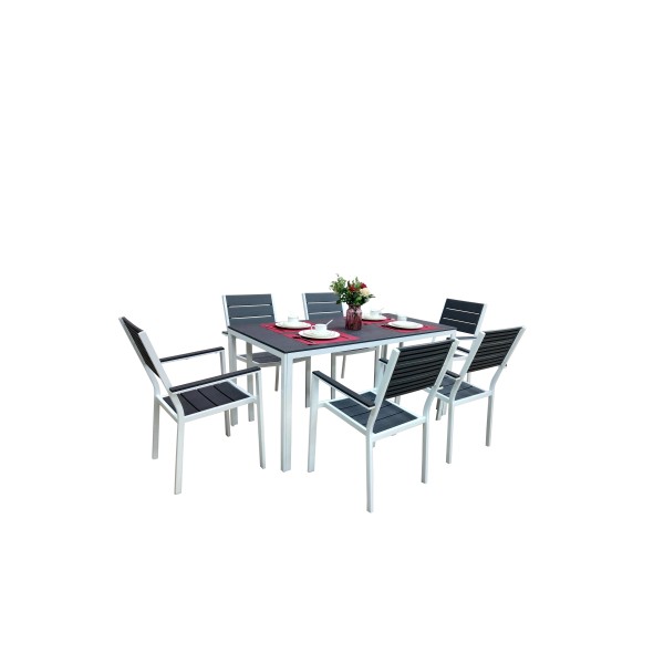 Τραπεζαρια σετ 7 τεμ εξωτερικού χώρου λευκή μεταλλική με γκρι επιφάνεια από πολυπροπυλένιο 156x78x74εκ