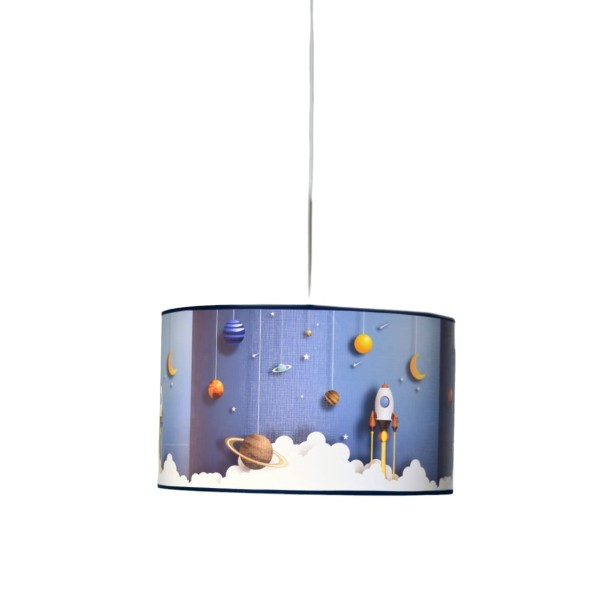 Φωτιστικό παιδικό κατάκτηση του διαστήματος μονοφωτο κρεμαστό Ε27 υφασμάτινο γαλάζιο λευκό με επικάλυψη PVC Φ40X90εκ