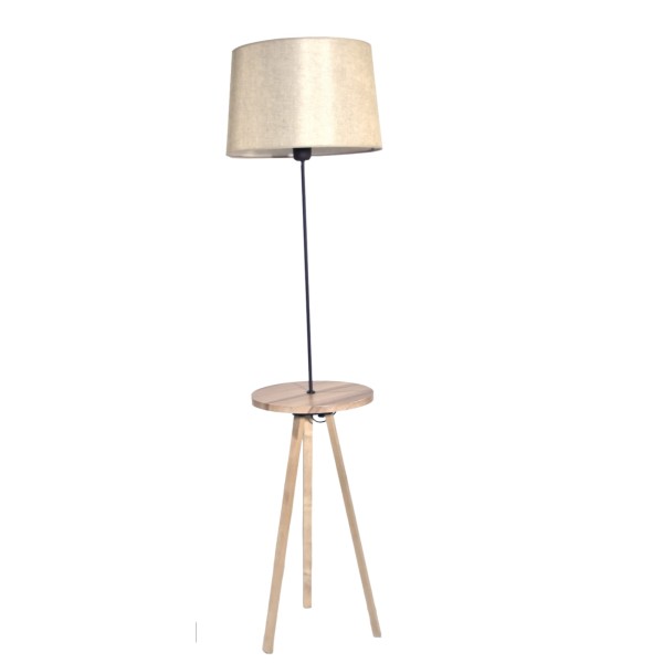 Φωτιστικό λάμπα δαπέδου ξύλινη Ε27 με υφασμάτινο καπέλο και τραπέζι φυσικό μπεζ 150XΦ40εκ
