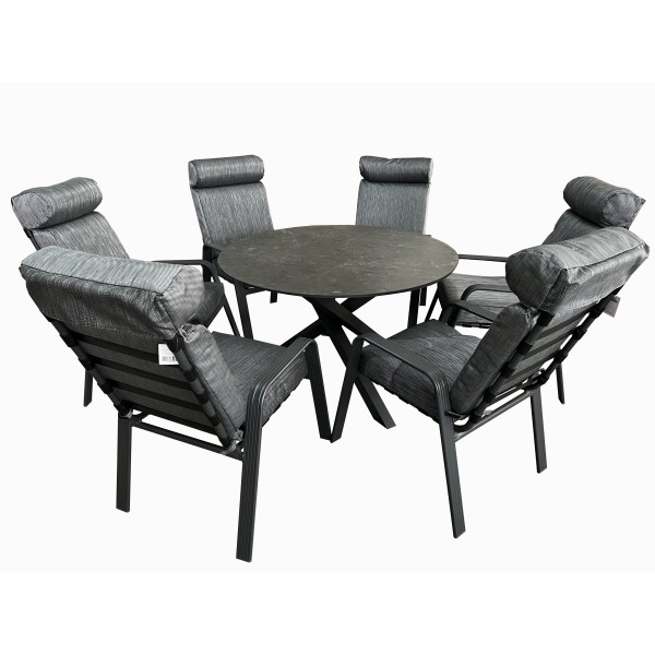 Σετ κήπου τραπεζαρία ροτόντα 7τμχ αλουμινίου πολυθρόνες με μαξιλαρια σε ανθρακί χρώμα Φ120x75εκ