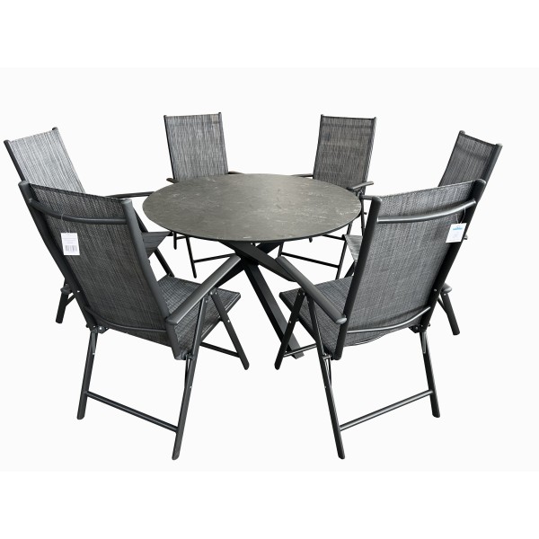 Σετ τραπεζαρία κήπου 7τμχ αλουμινίου στρογγυλό τραπέζι πολυθρόνες πτυσσόμενες 7 θέσεων σε ανθρακί χρώμα Φ120x75εκ
