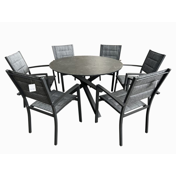 Σετ τραπεζαρία κήπου 7τμχ αλουμινίου στρογγυλό τραπέζι πολυθρόνες στηβαζόμενες σε ανθρακί χρώμα Φ120x75εκ