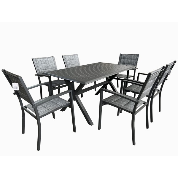 Σετ τραπεζαρία κήπου 7τμχ αλουμινίου πολυθρόνες στοιβαζομενες  σε ανθρακί χρώμα τραπέζι 150x90x72εκ