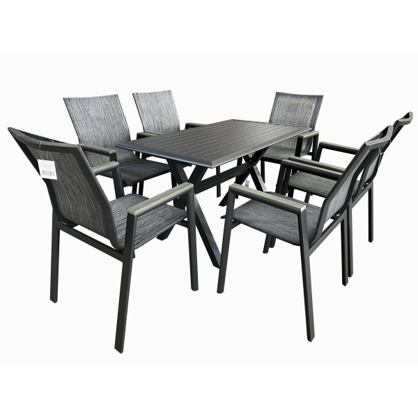 Σετ τραπεζαρία κήπου 7τμχ αλουμινίου πολυθρόνες με polywood στα μπράτσα ανθρακί χρώμα τραπέζι χιαστί πόδια 150x90x74.