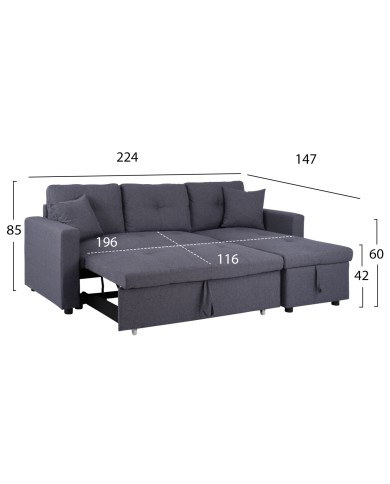 ΚΑΝΑΠΕΣ ΓΩΝΙΑ ΚΡΕΒΑΤΙ WAYNE 224x147x85Υεκ. HM3028.11 ΓΚΡΙ ΥΦΑΣΜΑ