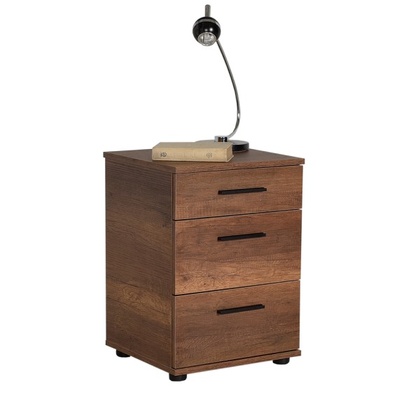 Κομοδίνο κρεβατοκάμαρας καρύδι με τρία συρτάρια με μηχανισμούς ένα ρηχό και δύο βαθιά από μελαμίνη KMD-520-ΟΟ-1 40x40x57εκ